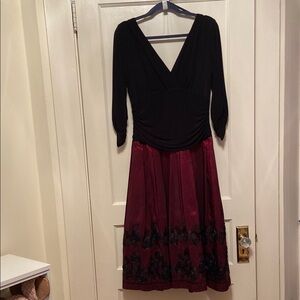 S.L. Fashions Black and Red Fit and Flare Dress with V-Neck